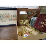 Box of mixed collectables including wall hanging cherubs, sashes, prints etc