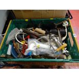 Crate of various garage items - grease gun, spanners, screwdrivers etc E/T