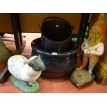 Circular garden planter, coal scuttle, garden gnome and garden sheep ornament