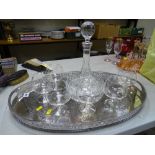 Large galleried electroplate tray, six brandy glasses and a ship's decanter with stopper