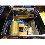 Box of vintage garage hand tools including block planes, hand drill, vintage brass pressure