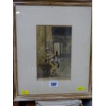 Watercolour - Continental scene entitled 'The Beggar of Valencia' signed with initials 'OP or CP',