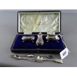 Cased Walker & Hall three piece silver cruet set with silver and other mustard and salt spoons