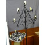 Wrought iron candle form standard lamp and a similarly styled ceiling light