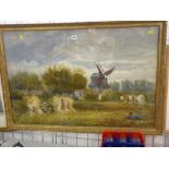 Unsigned English School large watercolour - harvesting scene with cattle and windmill to the