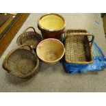 Pottery crock pot and a quantity of wicker baskets