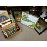 Box of paintings and prints including antique still life etc