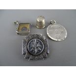 Hallmarked circular pendant and a silver compass fob, a sterling sewing thimble and a Victorian