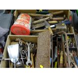 Cantilever toolbox and contents, box of garage and garden hand tools and a wooden box of spanners