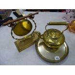 Brass gong, four footed brass kettle and an electroplate tray