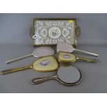 Embroidered and filigree dressing table tray, a hallmarked silver and tortoiseshell hand mirror with