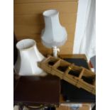 Leonardo type table lamp and shade, a small vintage briefcase and miscellaneous items