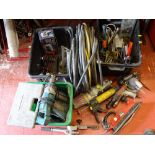 Two black tubs of garage items including grease guns and air driven power tools, quantity of hose