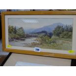 Unsigned watercolour - classical scene of mountains and riverscape, 15 x 33 cms