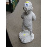 Plaster standing garden figurine of young boy and frog