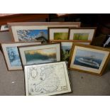 Parcel of prints, maps, framed jigsaw