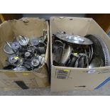 Two boxes containing large quantity of electroplate including galleried tray, tureens, wine coasters