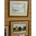 GEORGE THOMPSON watercolours, two - village church and moored boats, 22 x 30 cms and 20 x 29 cms