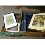 Three Beaton prints, box of vintage encyclopaedia and a box of picture frames
