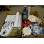 Two boxes of household items and mixed porcelain including Whyte & Mackay jug etc