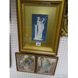 Framed Wedgwood plaque of a harp playing maiden and a pair of framed silks