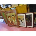 Pair of good Greek figure furnishing prints and a pair of Victorian scene prints