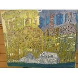 ALAN THOMPSON (Llandudno) mixed media on canvas - abstract scene, 50 x 60 cms