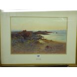MAUD SALMON watercolour - Welsh rocky coastalscape with yacht, signed, 29 x 44 cms