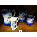 Trio of Mayfayre graduated jugs and another blue and white jug