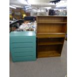 Two open bookcases and a green painted chest of drawers (displayed downstairs)