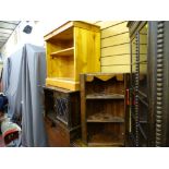 Modern pine single shelf open bookcase, a stained hanging corner cupboard and a leaded glass two