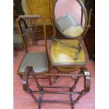 Oval swing toilet mirror, stained wood towel airer, salon chair and a single drawer sofa table