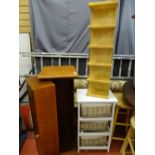 Two light wood effect modern breakfast stools, CD racks etc