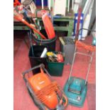 Enormous parcel including three plastic bins of garden and garage items and two lawnmowers (large