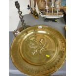 Thistle decorated brass charger and a pewter twist stem table lamp