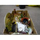 Box with commemorative Bells Whisky bottles, Bossons plaque, pewter ware, Crown Derby etc