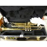 Modern brass Fanfare trumpet in a hard case