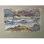 E HOLLAND watercolour - river rapids, 35 x 53 cms
