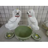 Green Wedgwood Jasperware pedestal bowl, other Wedgwood Jasperware and a pair of Staffs style dogs