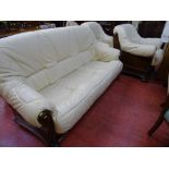 Excellent wooden based leather effect cream three piece suite comprising three seater sofa and two