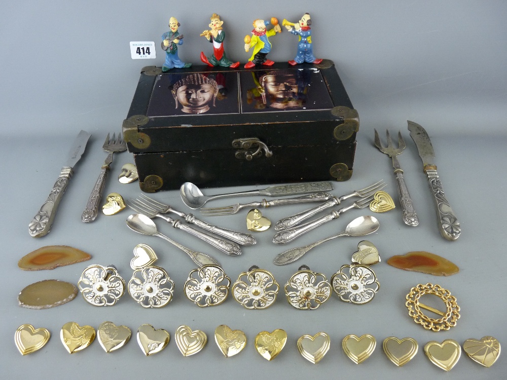 Vintage style lidded box and contents including silver handled cutlery, a group of clown