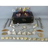 Vintage style lidded box and contents including silver handled cutlery, a group of clown