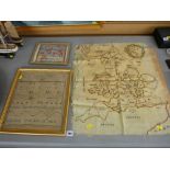 Two children's samplers dated 1853 and 1885 and an unframed tapestry map of the UK