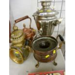 Brass coaching lamp, white metal tea urn, copper kettle etc