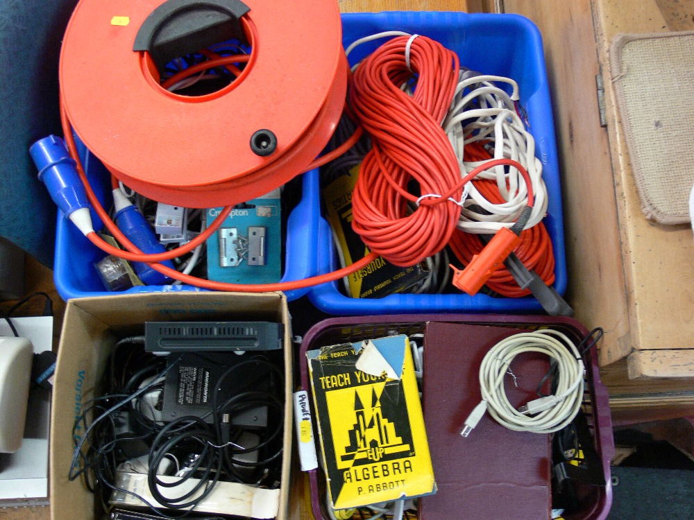 Two boxes of heavy duty electrical cable, household items etc