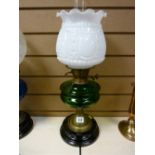 Victorian oil lamp with good white glass shade and green glass reservoir