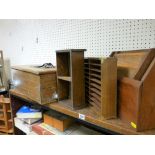 Old wooden till and a quantity of treen paper racks