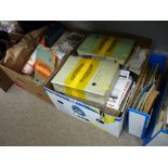 Two boxes and a pine filing box containing books, ephemera, office equipment, theatre related