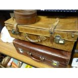 Two excellent vintage leather suitcases and a leather collar case