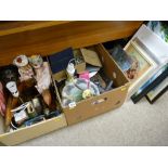 Two boxes of mixed household and ornamental items including treen wall shelf, parcel of paintings